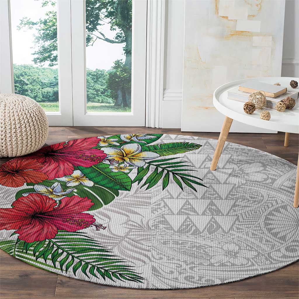 Hawaiian Tropical Plants Round Carpet Kakau Tattoo and Polynesian Pattern Half White Color
