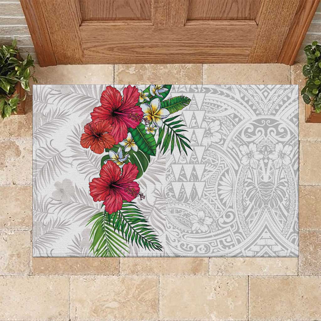 Hawaiian Tropical Plants Rubber Doormat Kakau Tattoo and Polynesian Pattern Half White Color