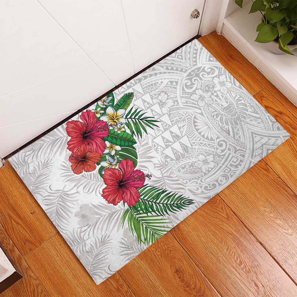 Hawaiian Tropical Plants Rubber Doormat Kakau Tattoo and Polynesian Pattern Half White Color