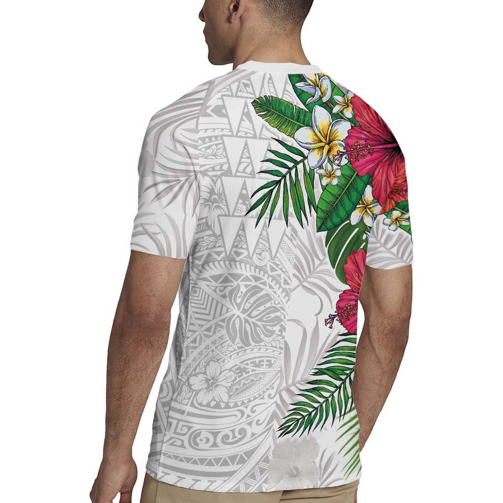 Hawaiian Tropical Plants Rugby Jersey Kakau Tattoo and Polynesian Pattern Half White Color