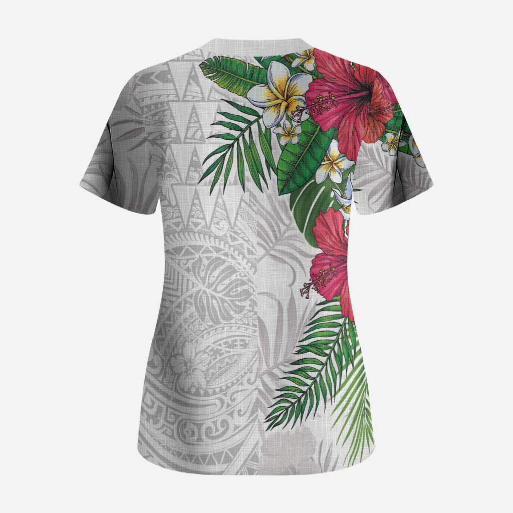 Hawaiian Tropical Plants Scrub Top Kakau Tattoo and Polynesian Pattern Half White Color