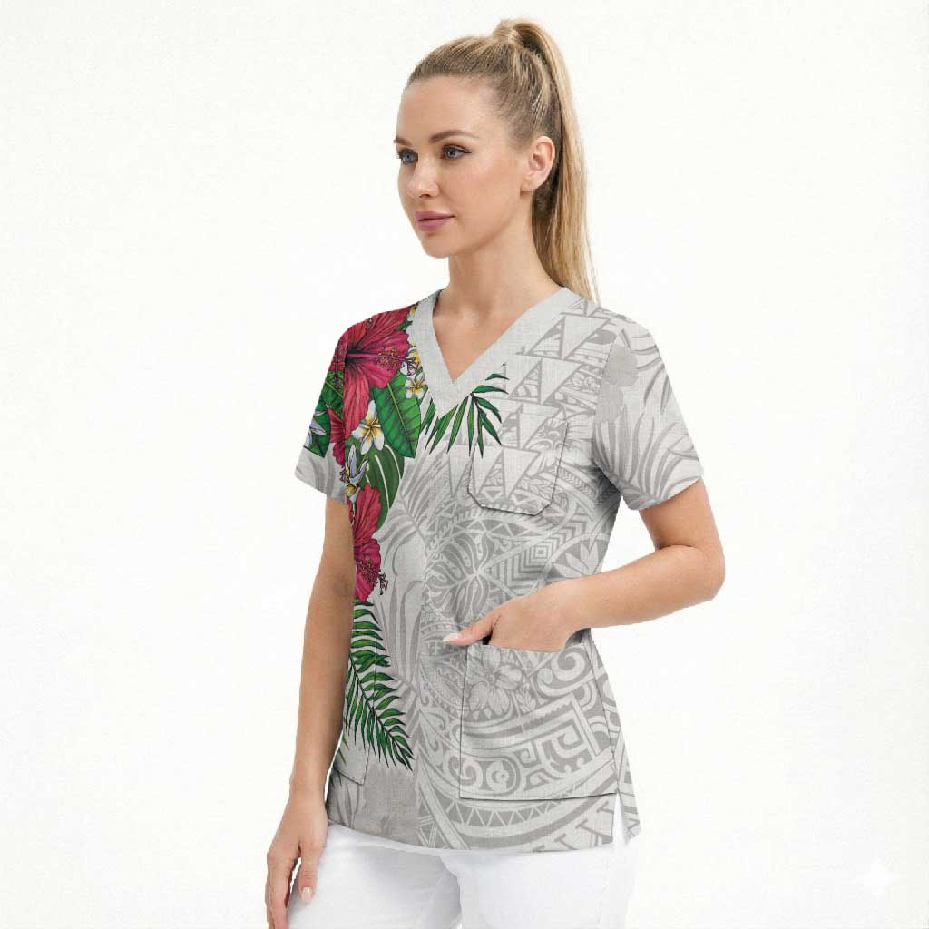 Hawaiian Tropical Plants Scrub Top Kakau Tattoo and Polynesian Pattern Half White Color