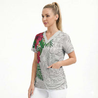 Hawaiian Tropical Plants Scrub Top Kakau Tattoo and Polynesian Pattern Half White Color