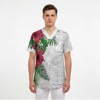 Hawaiian Tropical Plants Scrub Top Kakau Tattoo and Polynesian Pattern Half White Color