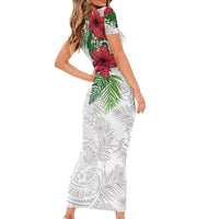 Hawaiian Tropical Plants Short Sleeve Bodycon Dress Kakau Tattoo and Polynesian Pattern Half White Color