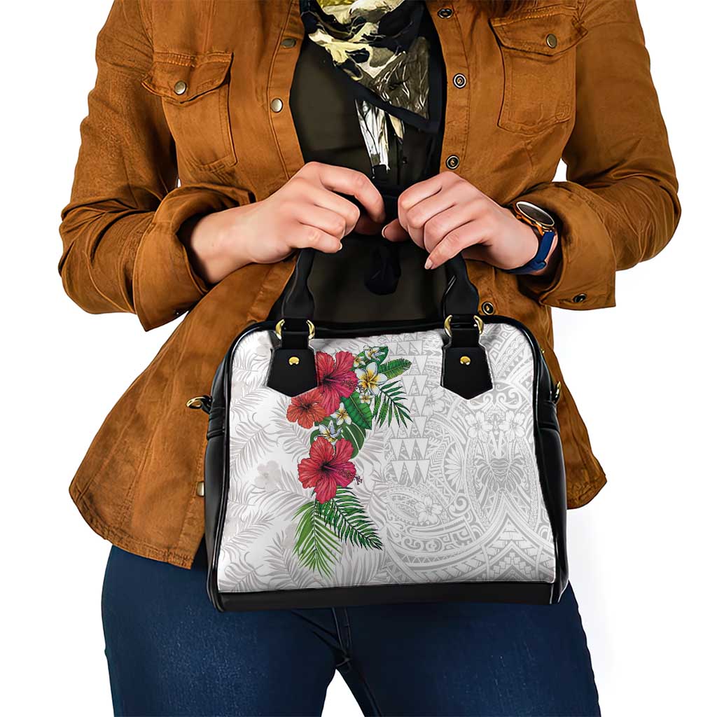 Hawaiian Tropical Plants Shoulder Handbag Kakau Tattoo and Polynesian Pattern Half White Color