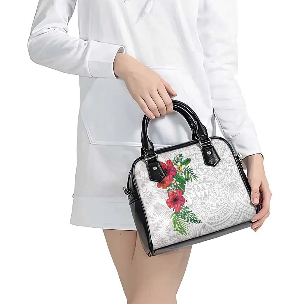 Hawaiian Tropical Plants Shoulder Handbag Kakau Tattoo and Polynesian Pattern Half White Color