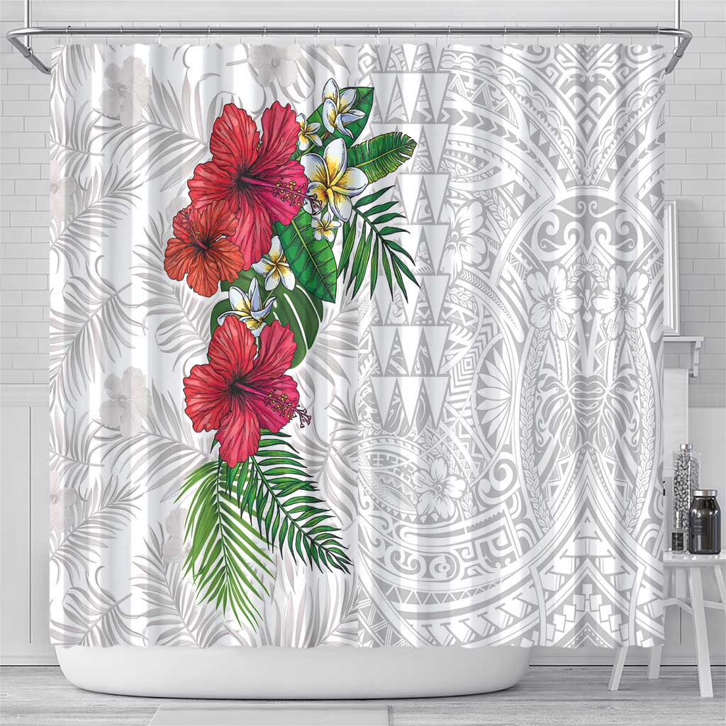 Hawaiian Tropical Plants Shower Curtain Kakau Tattoo and Polynesian Pattern Half White Color