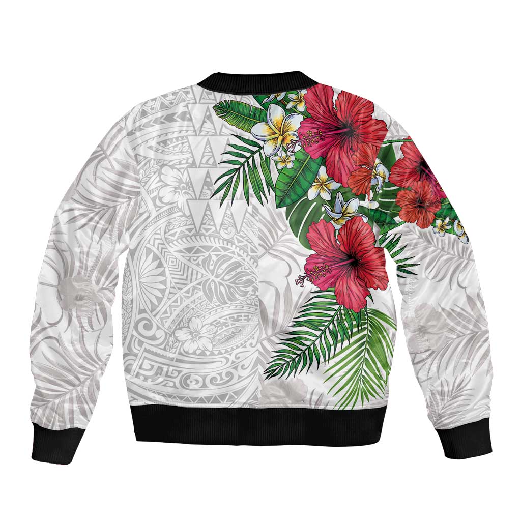 Hawaiian Tropical Plants Sleeve Zip Bomber Jacket Kakau Tattoo and Polynesian Pattern Half White Color
