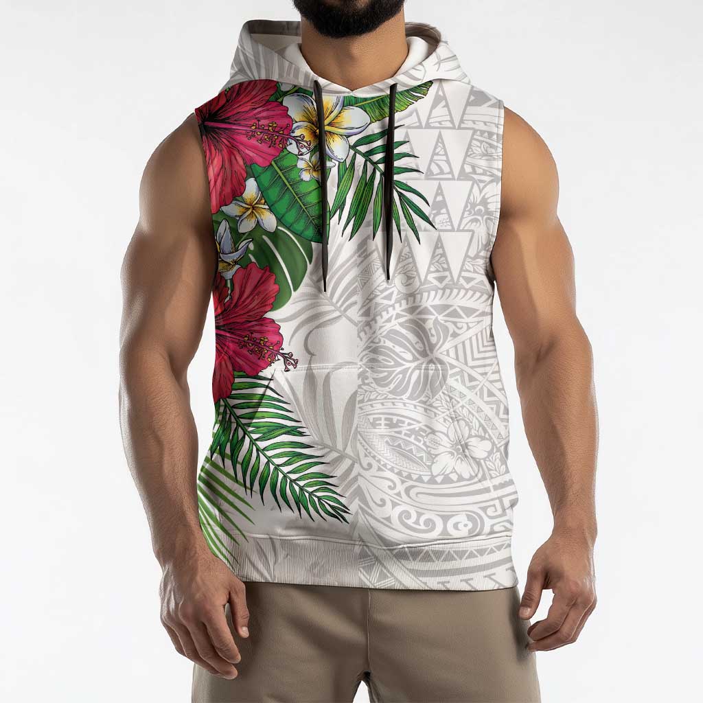 Hawaiian Tropical Plants Sleeveless Hoodie Kakau Tattoo and Polynesian Pattern Half White Color