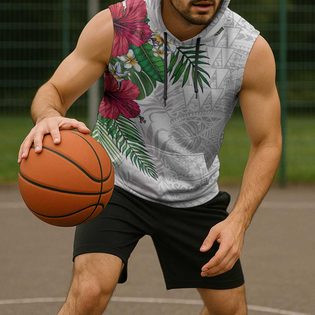 Hawaiian Tropical Plants Sleeveless Hoodie Kakau Tattoo and Polynesian Pattern Half White Color