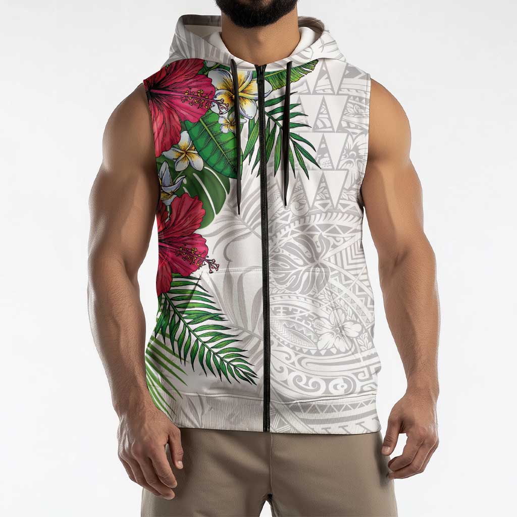 Hawaiian Tropical Plants Sleeveless Zip Hoodie Kakau Tattoo and Polynesian Pattern Half White Color