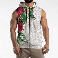 Hawaiian Tropical Plants Sleeveless Zip Hoodie Kakau Tattoo and Polynesian Pattern Half White Color