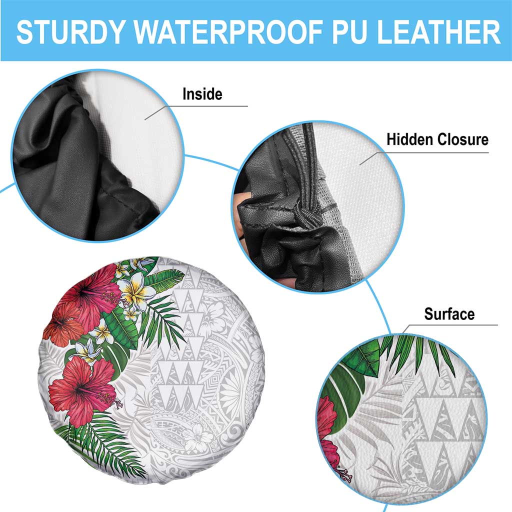 Hawaiian Tropical Plants Spare Tire Cover Kakau Tattoo and Polynesian Pattern Half White Color