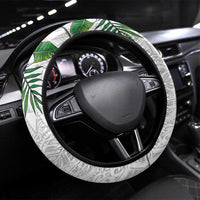 Hawaiian Tropical Plants Steering Wheel Cover Kakau Tattoo and Polynesian Pattern Half White Color