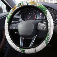 Hawaiian Tropical Plants Steering Wheel Cover Kakau Tattoo and Polynesian Pattern Half White Color