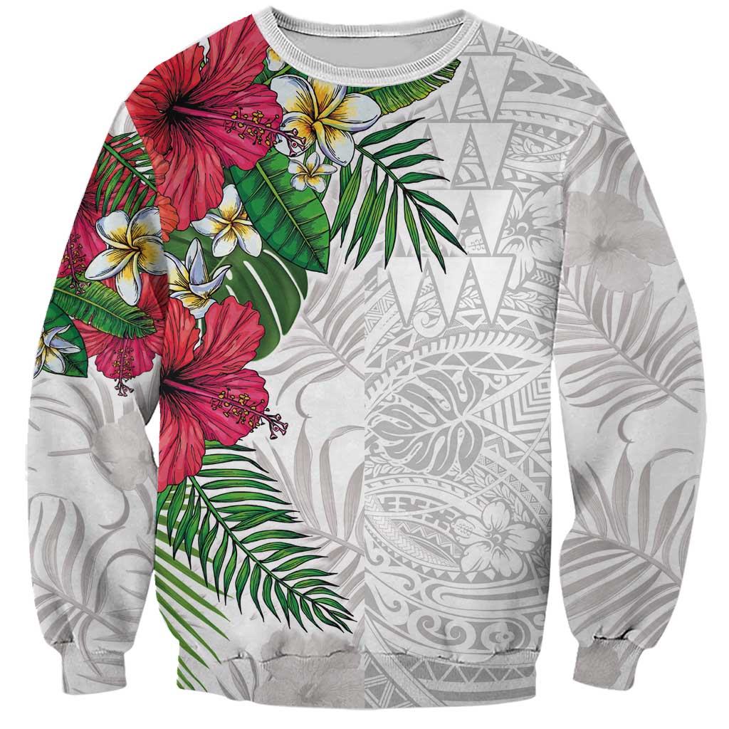 Hawaiian Tropical Plants Sweatshirt Kakau Tattoo and Polynesian Pattern Half White Color