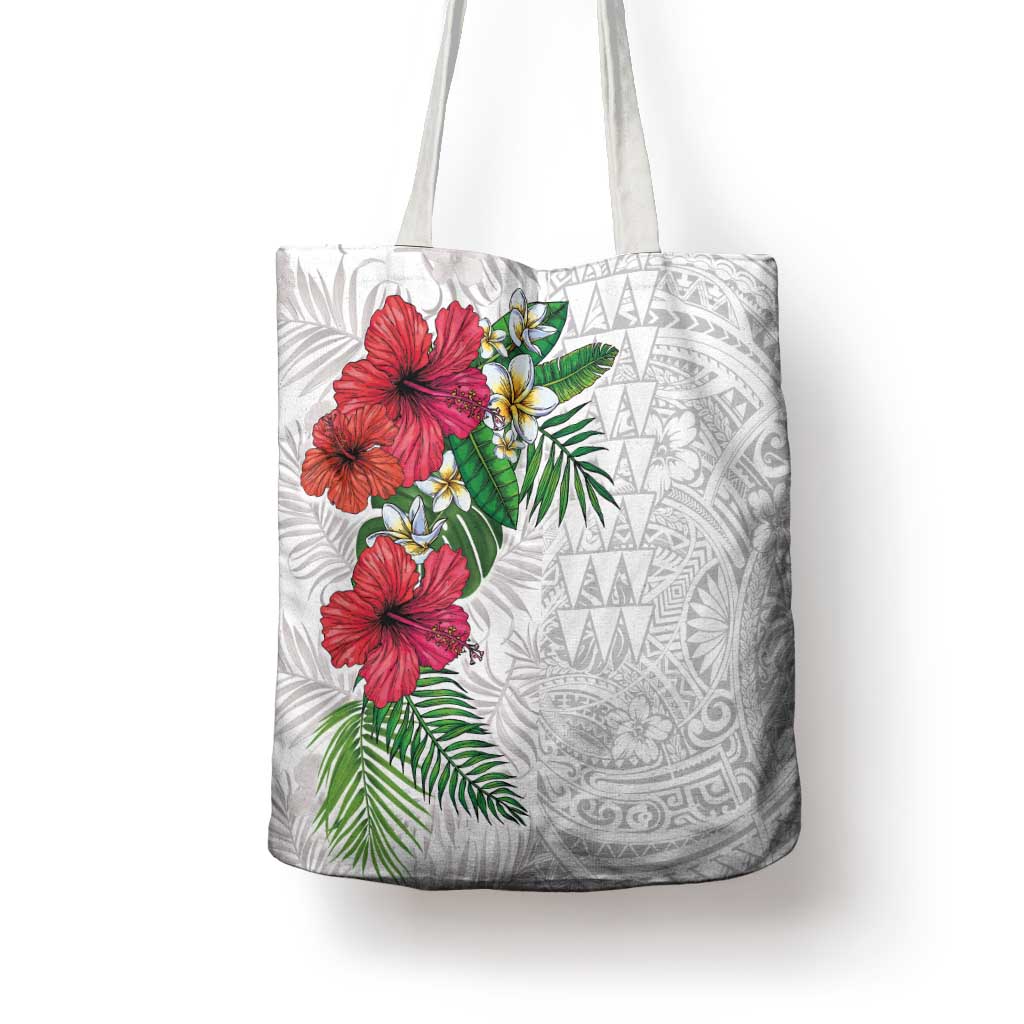Hawaiian Tropical Plants Tote Bag Kakau Tattoo and Polynesian Pattern Half White Color