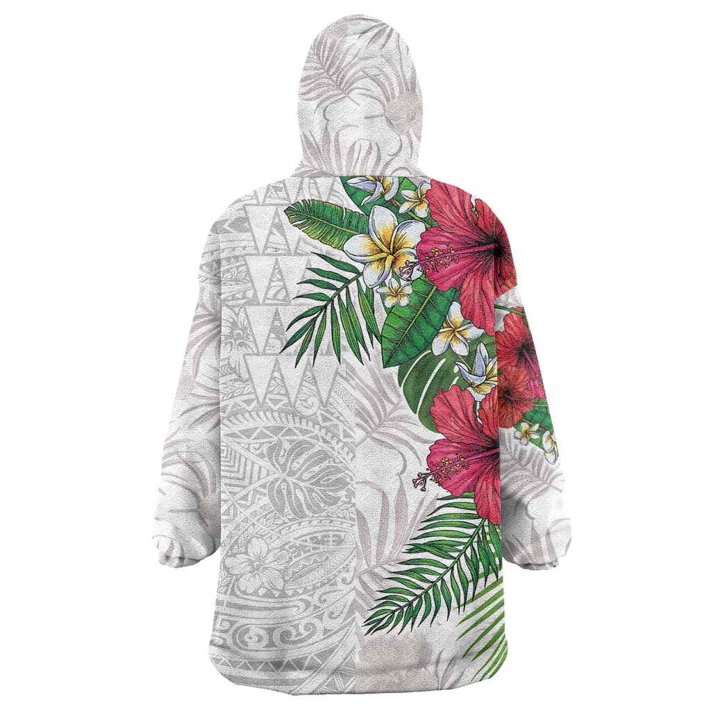 Hawaiian Tropical Plants Wearable Blanket Hoodie Kakau Tattoo and Polynesian Pattern Half White Color
