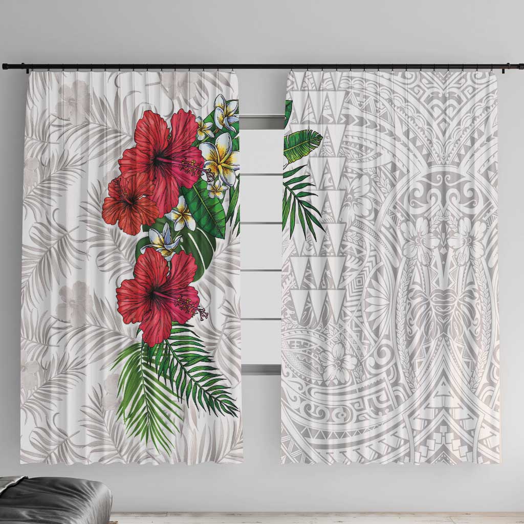 Hawaiian Tropical Plants Window Curtain Kakau Tattoo and Polynesian Pattern Half White Color