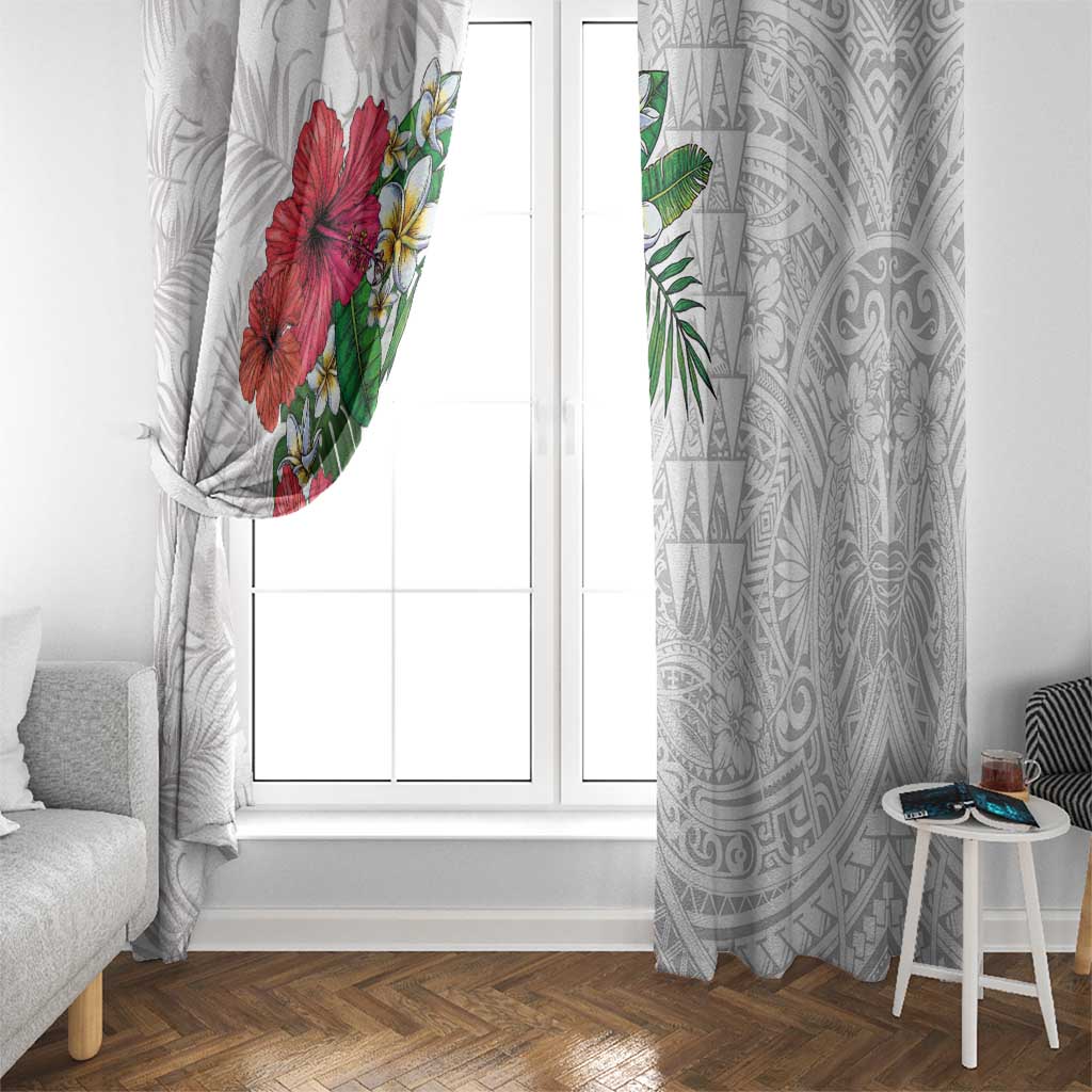 Hawaiian Tropical Plants Window Curtain Kakau Tattoo and Polynesian Pattern Half White Color