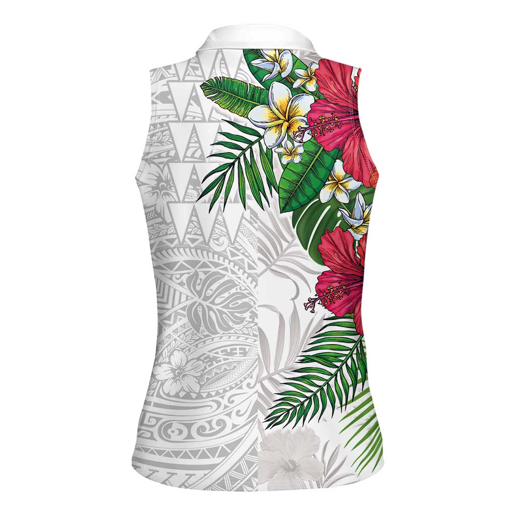 Hawaiian Tropical Plants Women Sleeveless Polo Shirt Kakau Tattoo and Polynesian Pattern Half White Color