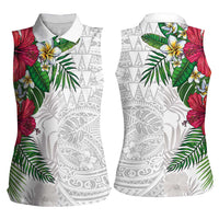Hawaiian Tropical Plants Women Sleeveless Polo Shirt Kakau Tattoo and Polynesian Pattern Half White Color