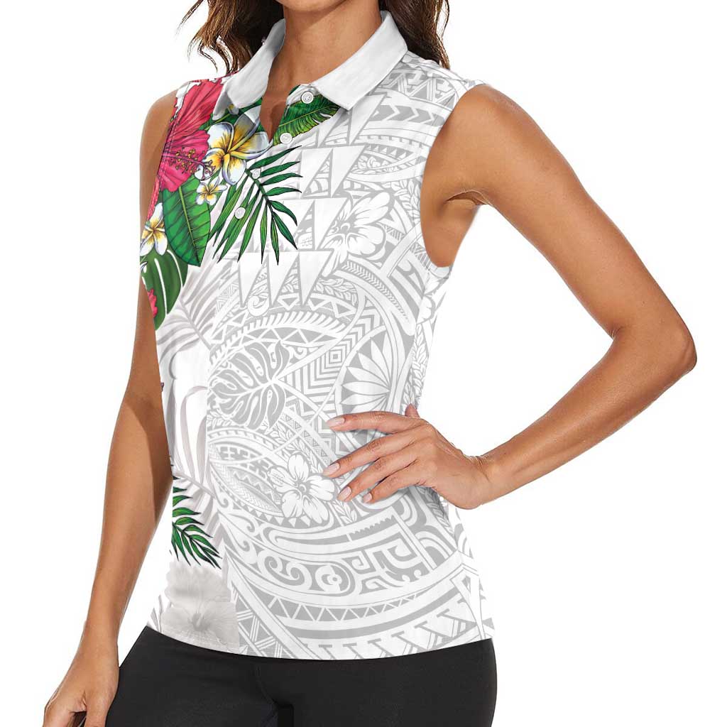 Hawaiian Tropical Plants Women Sleeveless Polo Shirt Kakau Tattoo and Polynesian Pattern Half White Color