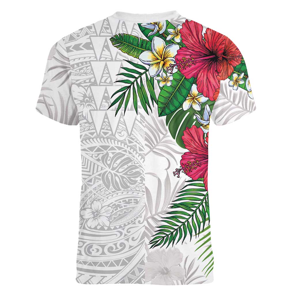 Hawaiian Tropical Plants Women V-Neck T-Shirt Kakau Tattoo and Polynesian Pattern Half White Color
