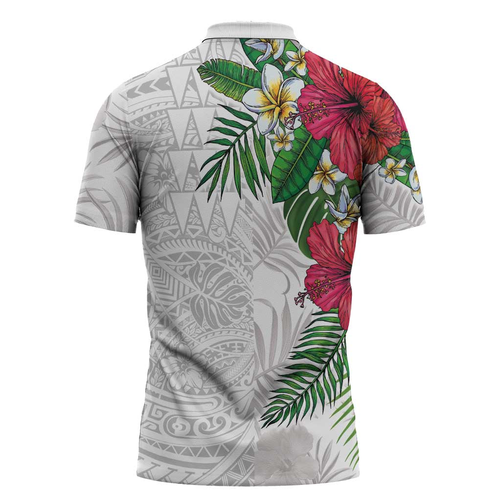 Hawaiian Tropical Plants Zipper Polo Shirt Kakau Tattoo and Polynesian Pattern Half White Color
