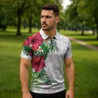 Hawaiian Tropical Plants Zipper Polo Shirt Kakau Tattoo and Polynesian Pattern Half White Color