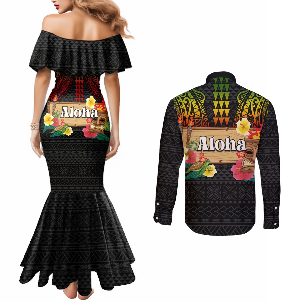 Hawaii Pan-Pacific Festival Couples Matching Mermaid Dress and Long Sleeve Button Shirt Hawaiian Elements and Polynesian Tattoo