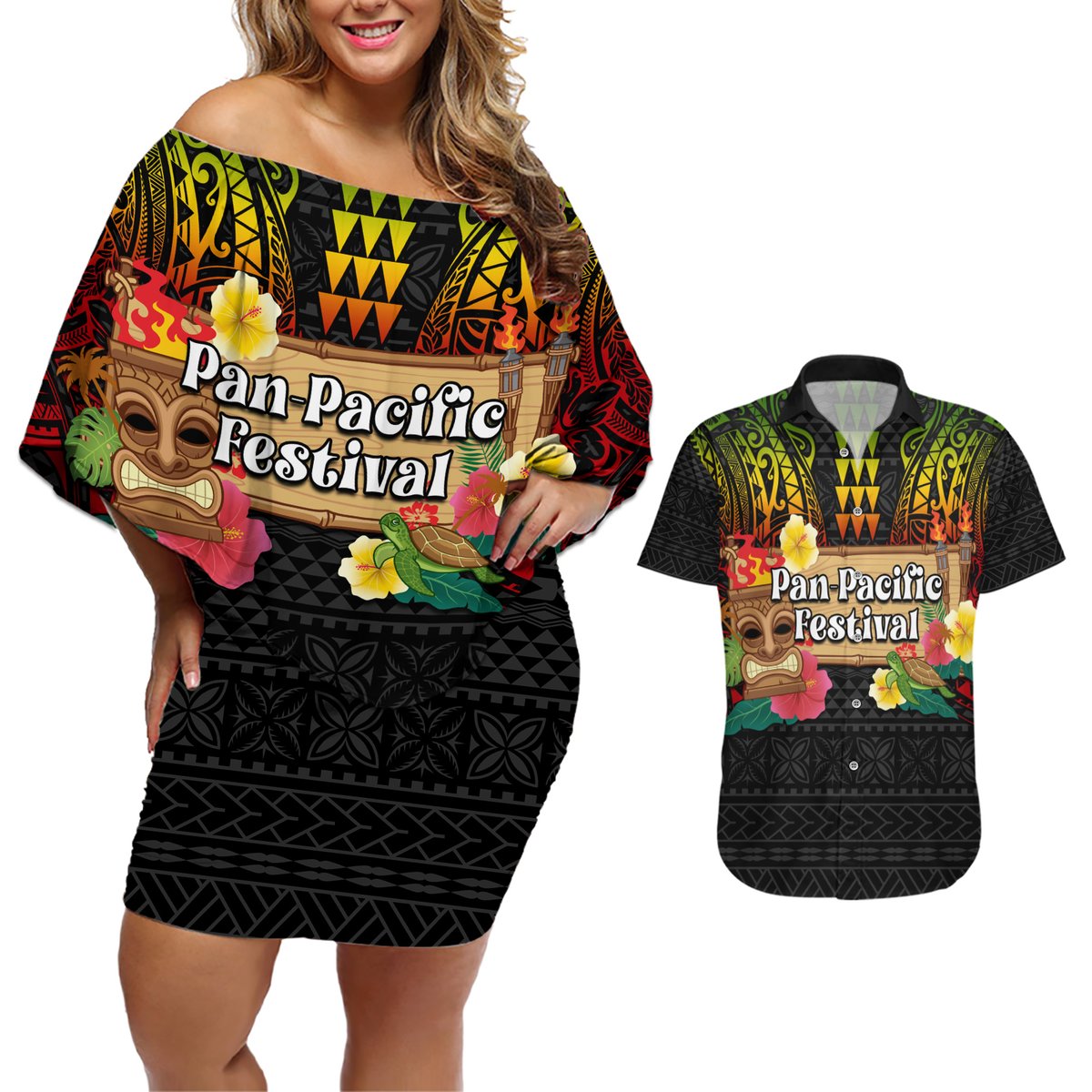 Hawaii Pan-Pacific Festival Couples Matching Off Shoulder Short Dress and Hawaiian Shirt Hawaiian Elements and Polynesian Tattoo