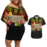Hawaii Pan-Pacific Festival Couples Matching Off Shoulder Short Dress and Hawaiian Shirt Hawaiian Elements and Polynesian Tattoo