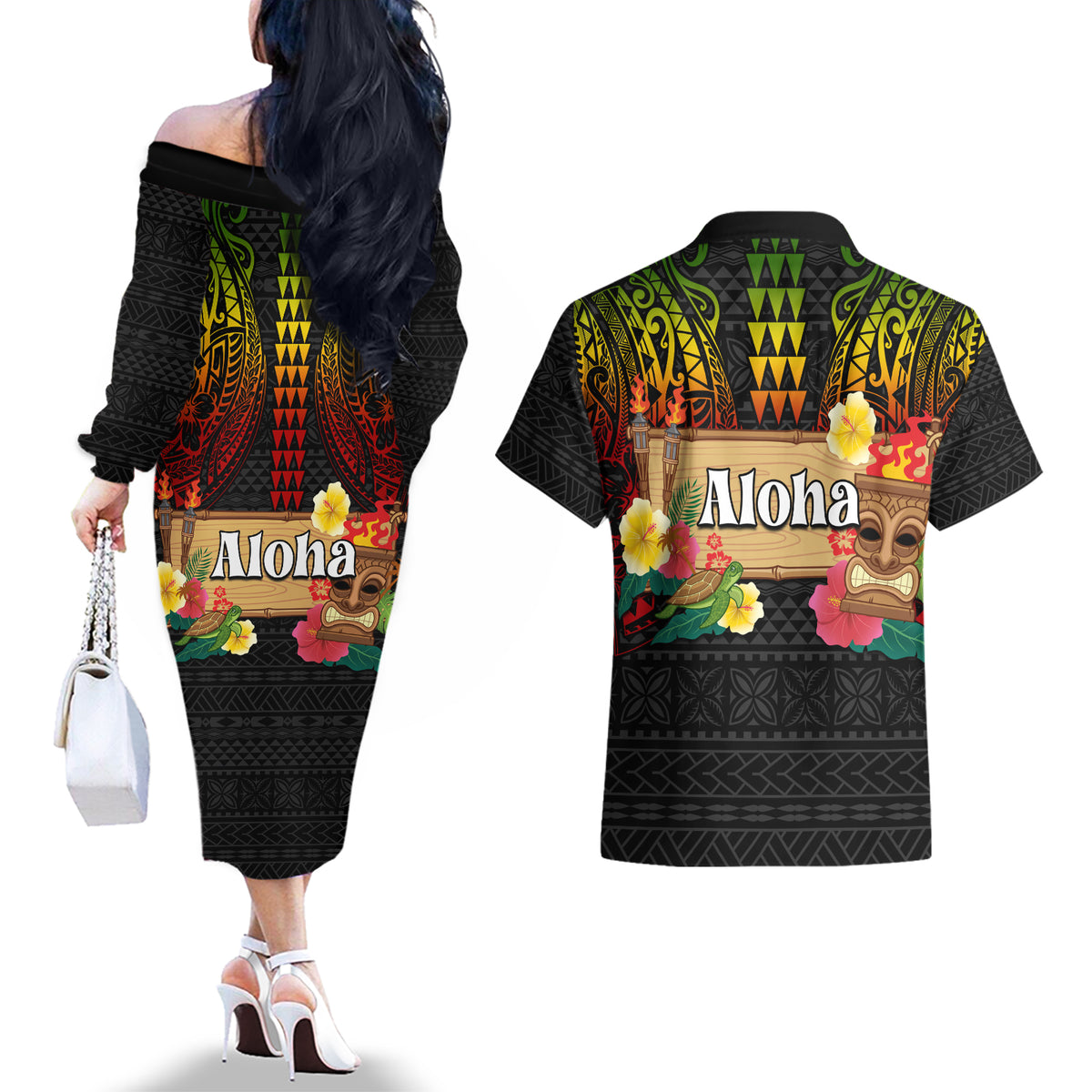 Hawaii Pan-Pacific Festival Couples Matching Off The Shoulder Long Sleeve Dress and Hawaiian Shirt Hawaiian Elements and Polynesian Tattoo