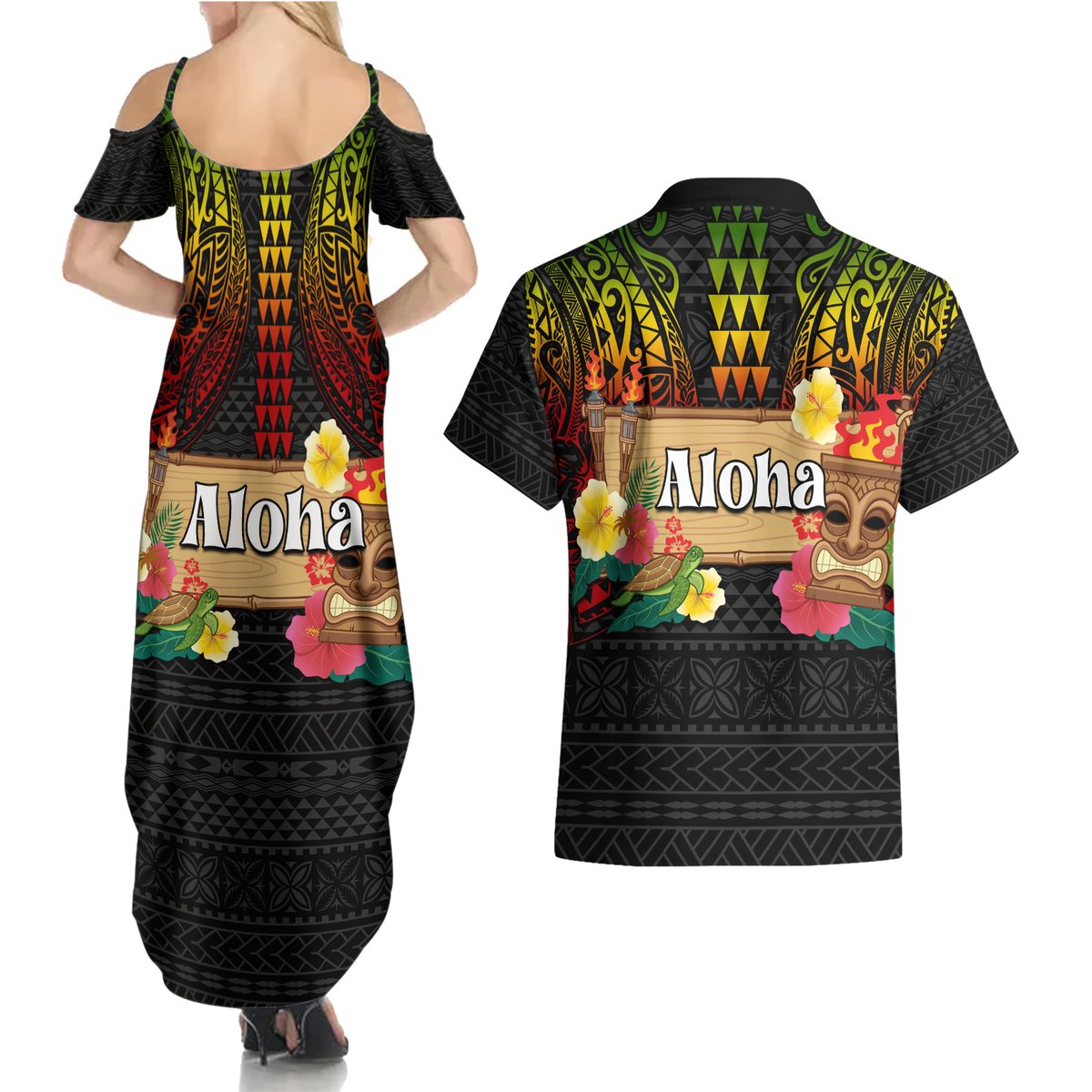 Hawaii Pan-Pacific Festival Couples Matching Summer Maxi Dress and Hawaiian Shirt Hawaiian Elements and Polynesian Tattoo