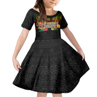 Hawaiian Elements and Polynesian Tattoo Family Matching Long Sleeve Bodycon Dress and Hawaiian Shirt LT03 Daughter's Dress Black - Polynesian Pride