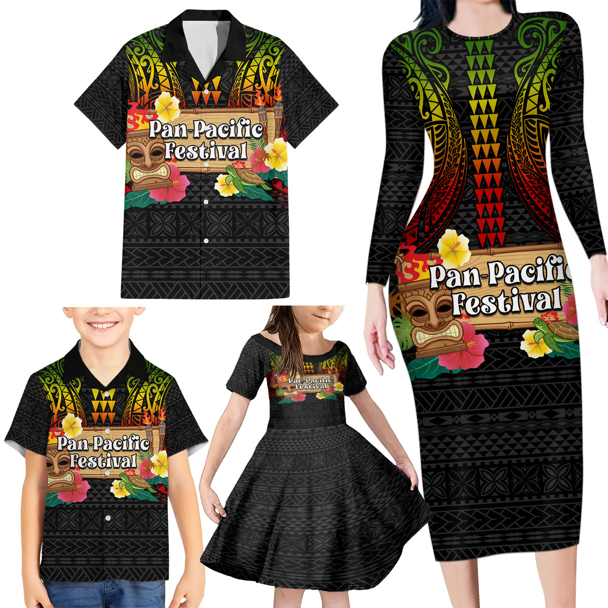 Hawaiian Elements and Polynesian Tattoo Family Matching Long Sleeve Bodycon Dress and Hawaiian Shirt LT03 - Polynesian Pride