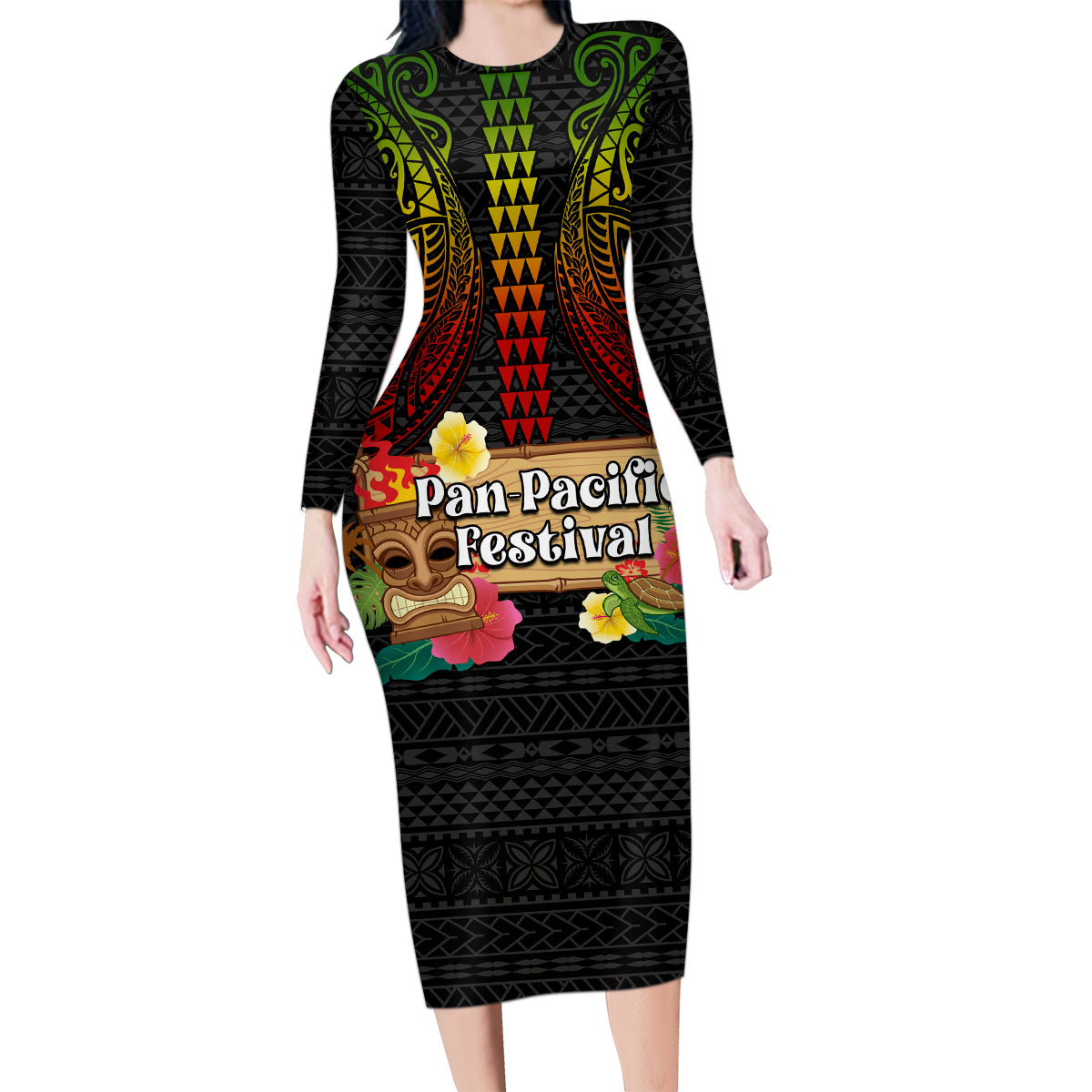 Hawaiian Elements and Polynesian Tattoo Family Matching Long Sleeve Bodycon Dress and Hawaiian Shirt LT03 Mom's Dress Black - Polynesian Pride