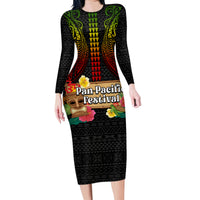Hawaiian Elements and Polynesian Tattoo Family Matching Long Sleeve Bodycon Dress and Hawaiian Shirt LT03 Mom's Dress Black - Polynesian Pride