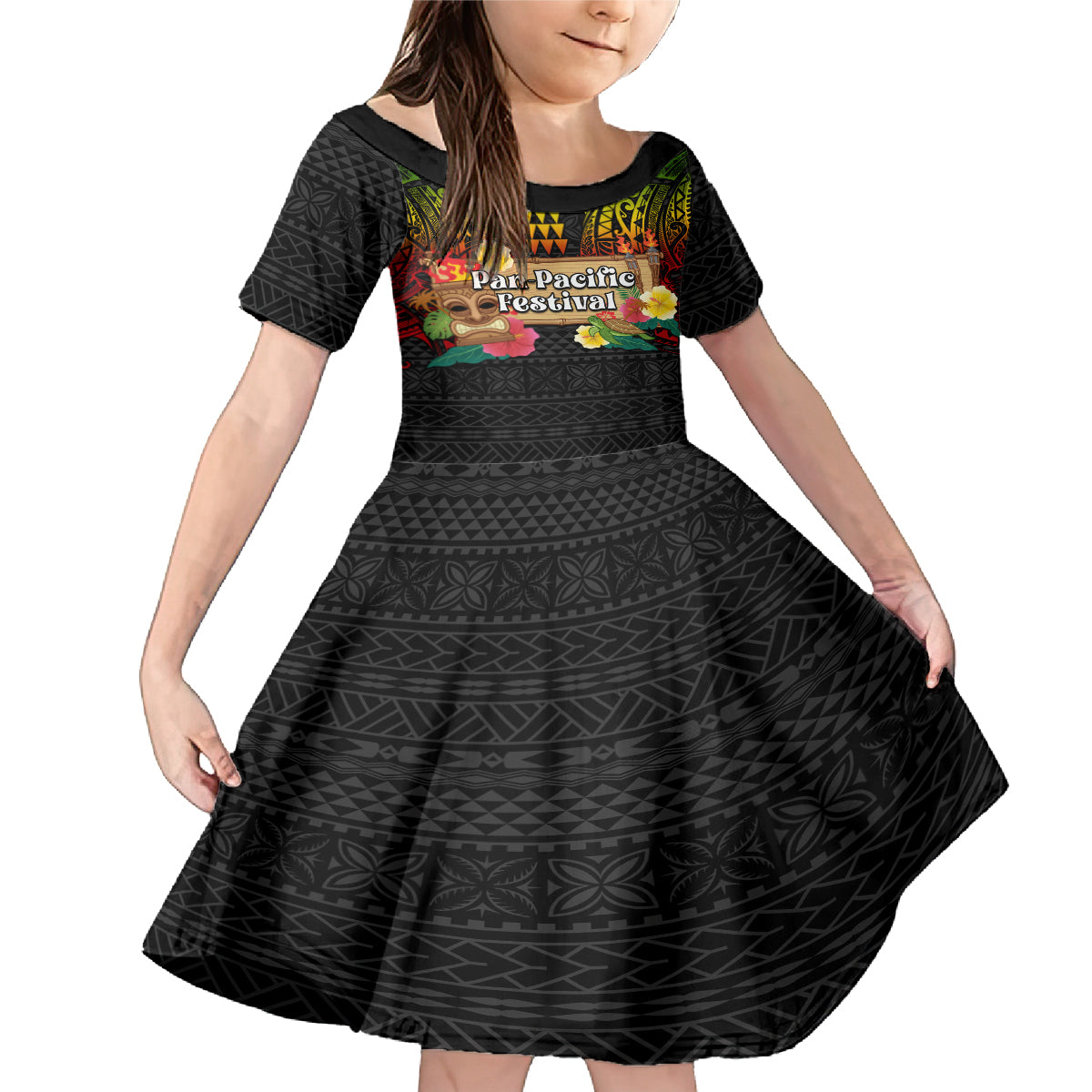Hawaiian Elements and Polynesian Tattoo Family Matching Mermaid Dress and Hawaiian Shirt LT03 Daughter's Dress Black - Polynesian Pride