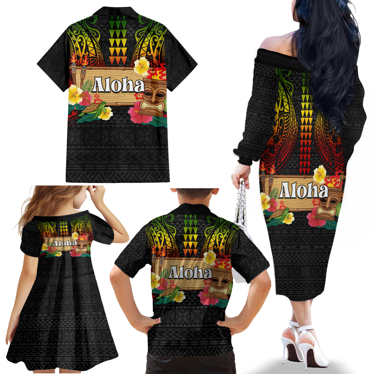 Hawaiian Elements and Polynesian Tattoo Family Matching Off The Shoulder Long Sleeve Dress and Hawaiian Shirt LT03 - Polynesian Pride