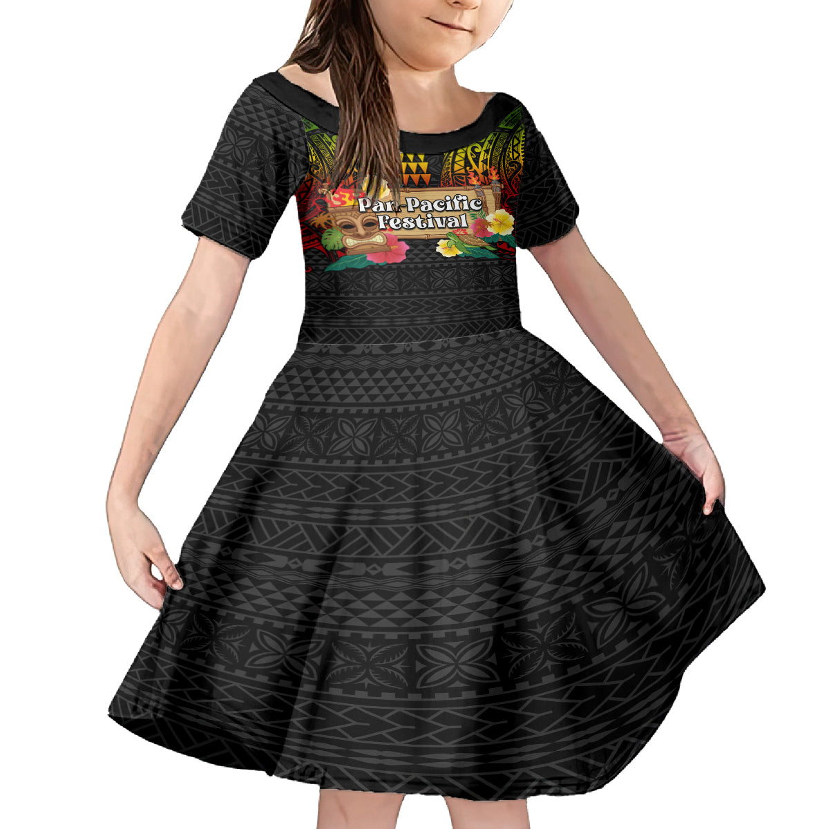 Hawaiian Elements and Polynesian Tattoo Family Matching Off Shoulder Maxi Dress and Hawaiian Shirt LT03 Daughter's Dress Black - Polynesian Pride