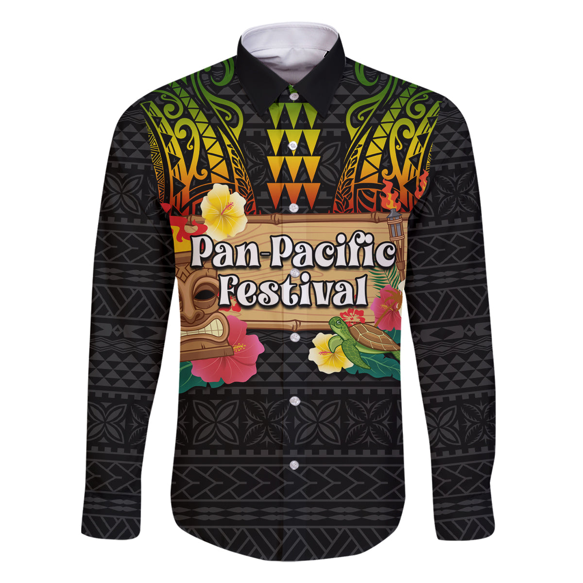 Hawaiian Elements and Polynesian Tattoo Family Matching Off Shoulder Maxi Dress and Hawaiian Shirt LT03 Dad's Shirt - Long Sleeve Black - Polynesian Pride