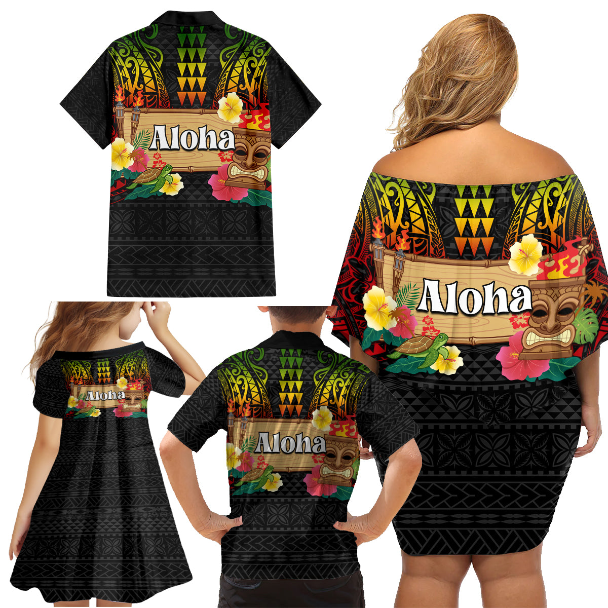 Hawaiian Elements and Polynesian Tattoo Family Matching Off Shoulder Short Dress and Hawaiian Shirt LT03 - Polynesian Pride
