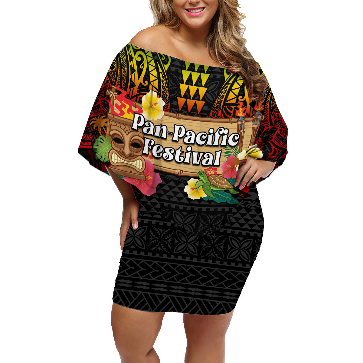 Hawaiian Elements and Polynesian Tattoo Family Matching Off Shoulder Short Dress and Hawaiian Shirt LT03 Mom's Dress Black - Polynesian Pride