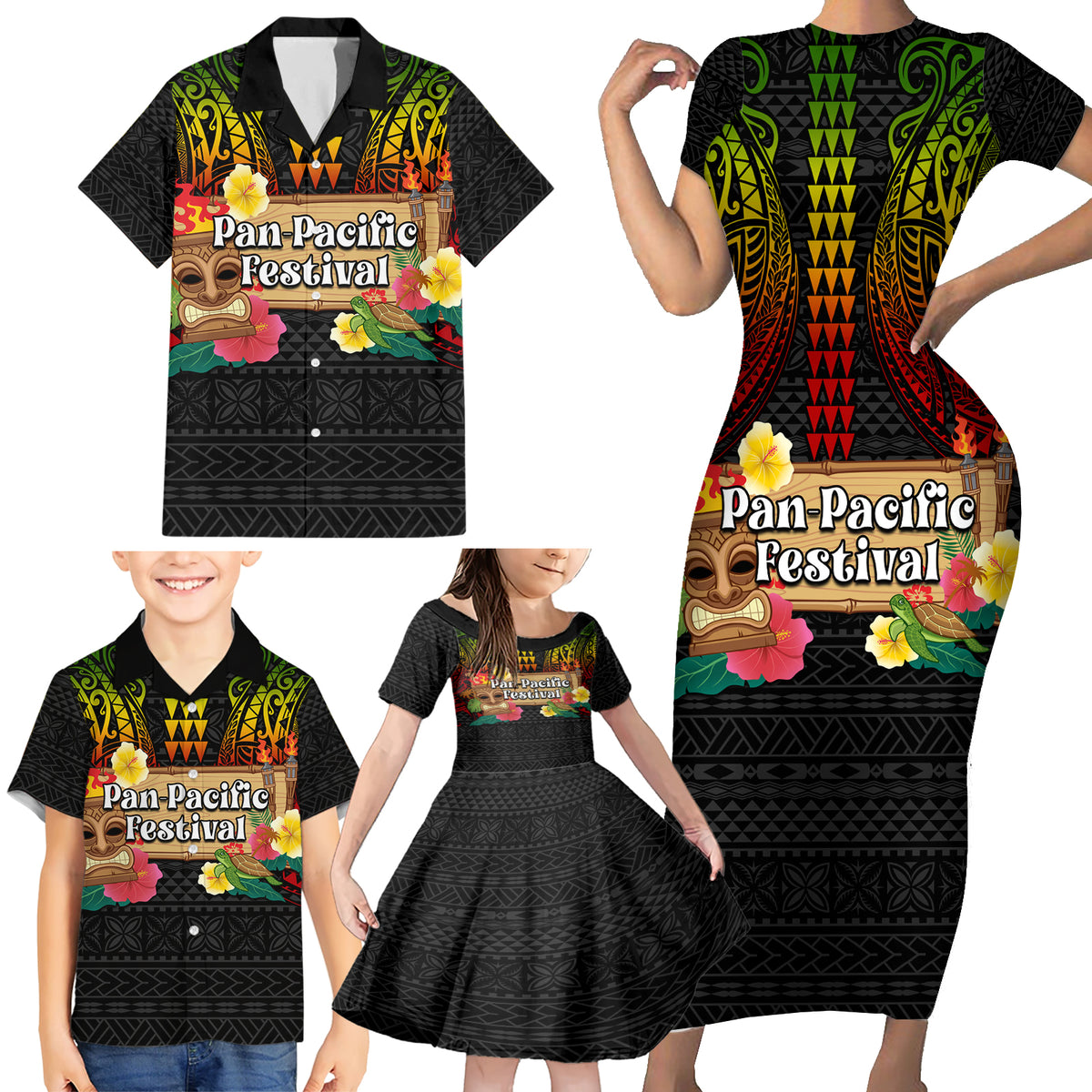 Hawaiian Elements and Polynesian Tattoo Family Matching Short Sleeve Bodycon Dress and Hawaiian Shirt LT03 - Polynesian Pride