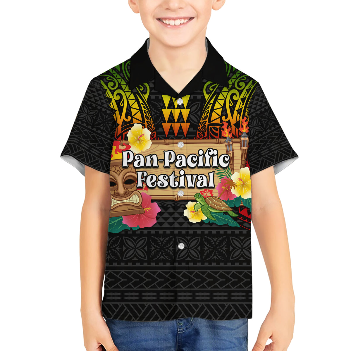 Hawaiian Elements and Polynesian Tattoo Family Matching Short Sleeve Bodycon Dress and Hawaiian Shirt LT03 Son's Shirt Black - Polynesian Pride