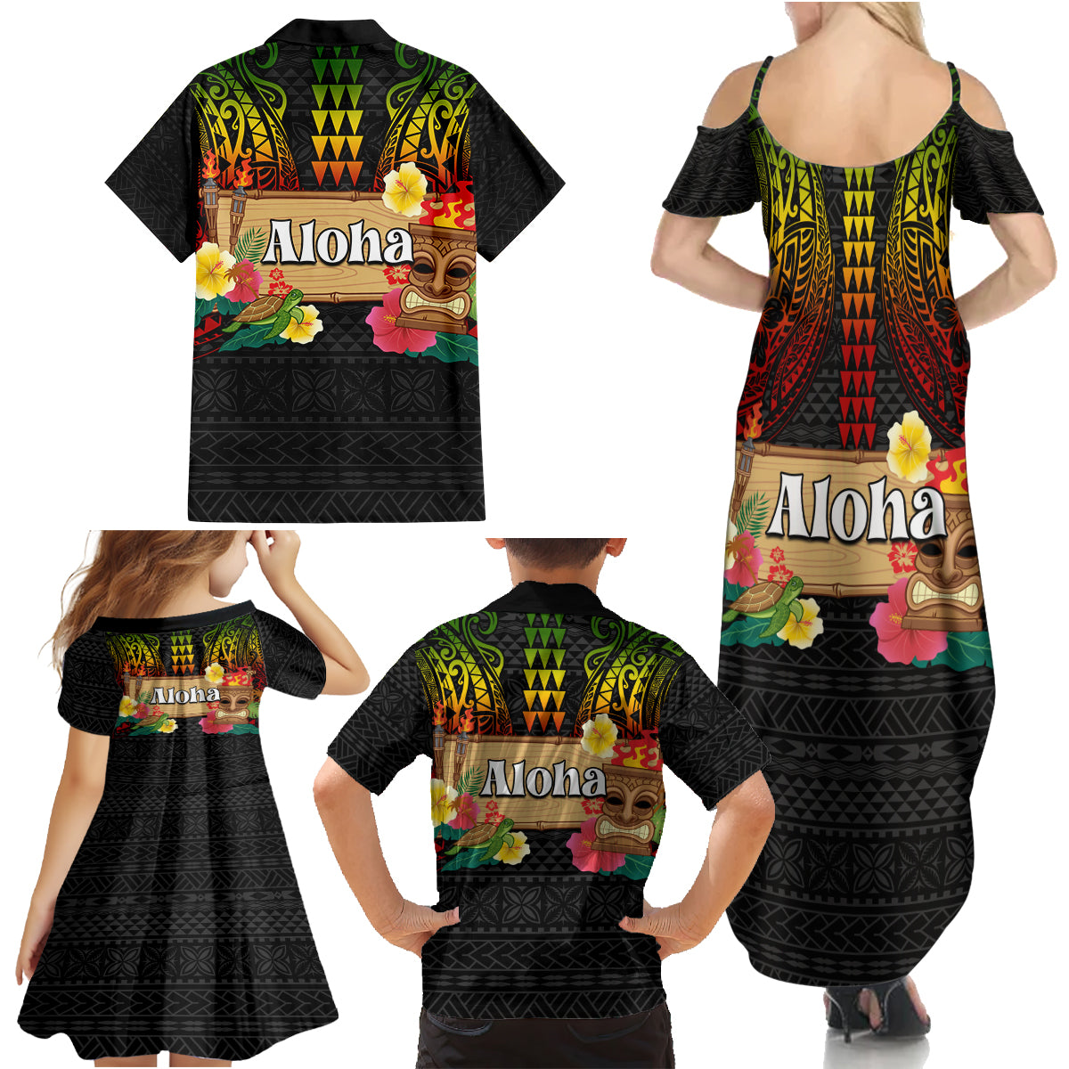 Hawaiian Elements and Polynesian Tattoo Family Matching Summer Maxi Dress and Hawaiian Shirt LT03 - Polynesian Pride