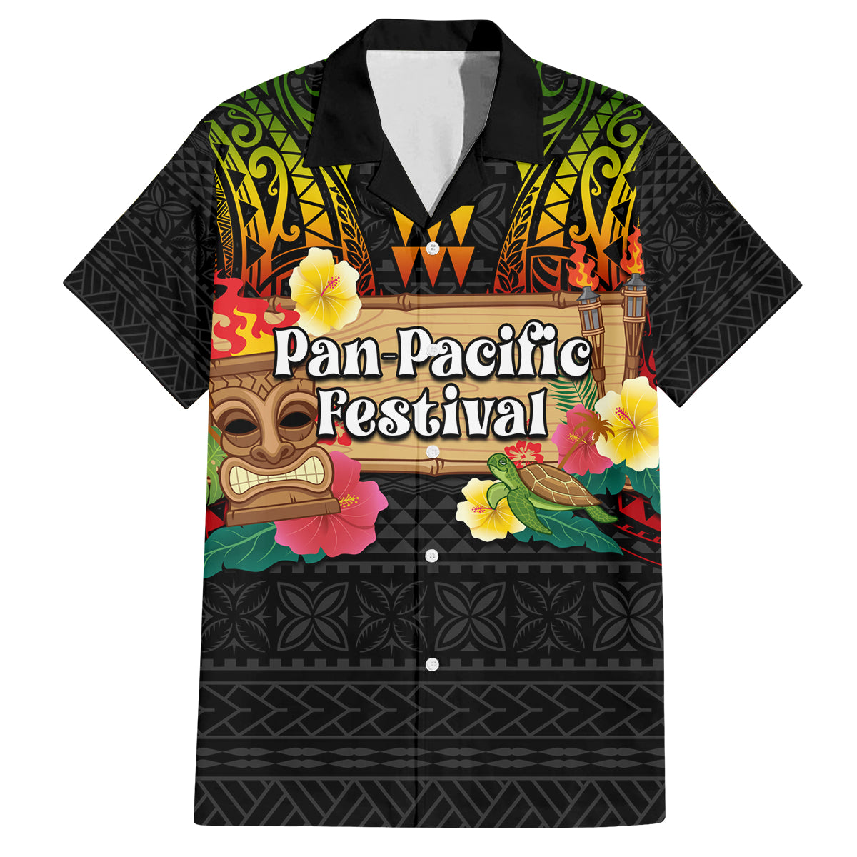 Hawaiian Elements and Polynesian Tattoo Family Matching Tank Maxi Dress and Hawaiian Shirt LT03 Dad's Shirt - Short Sleeve Black - Polynesian Pride
